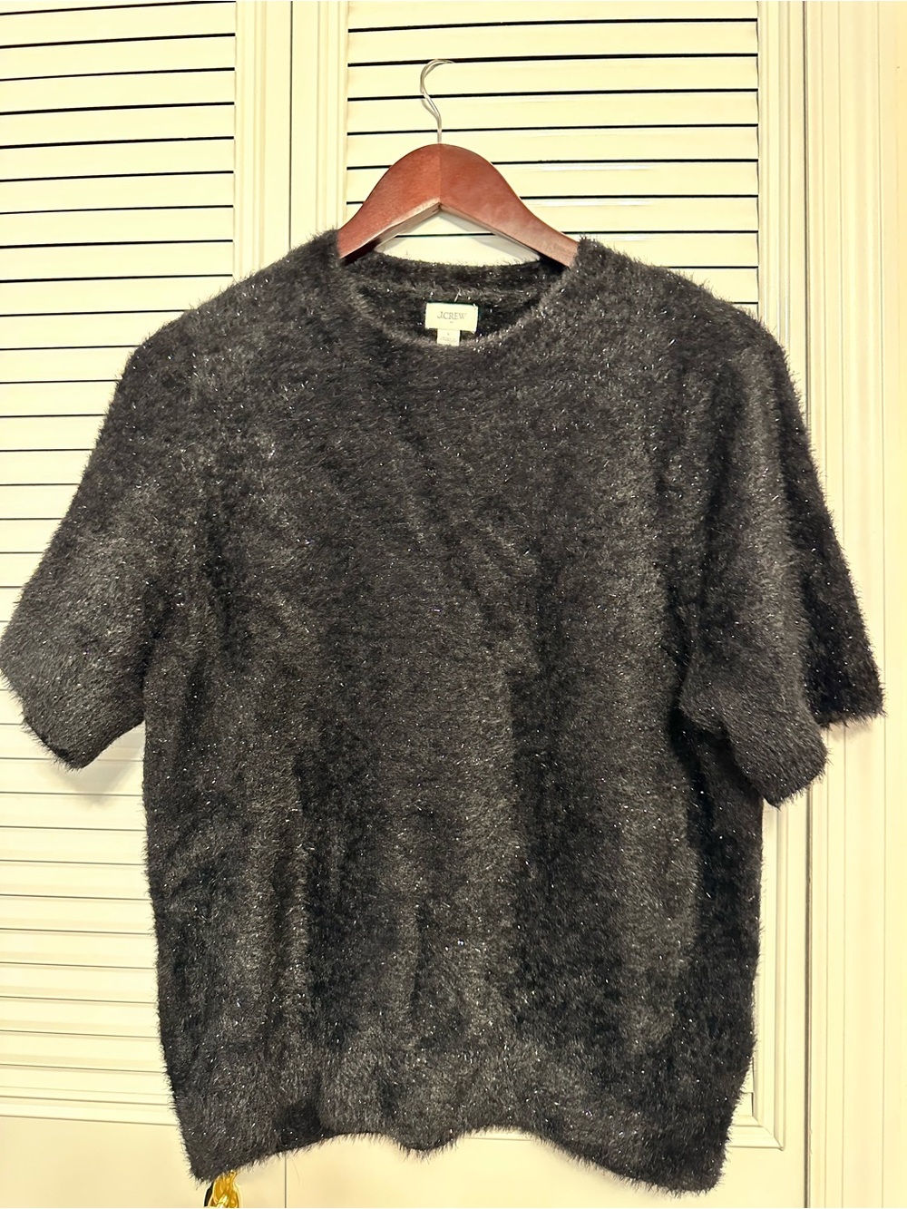 J. Crew Factory Black with Silver Sparkle Fuzzy Short-Sleeve Crewneck Sweater